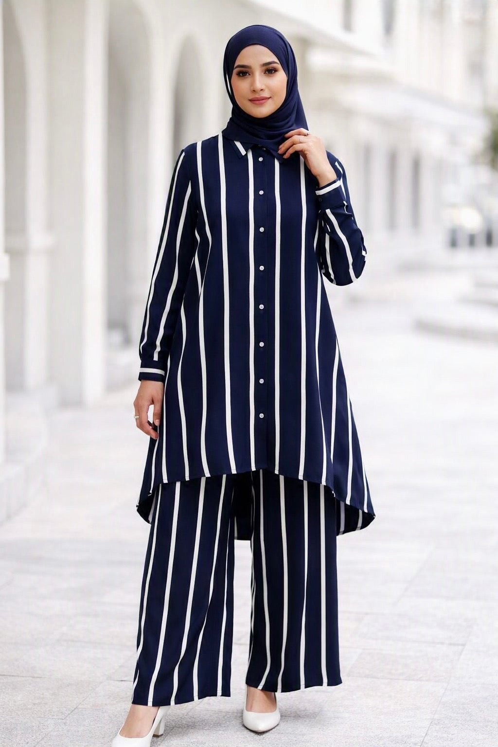 Navy & White Striped Viscose Co‑ord Set - Chaddors