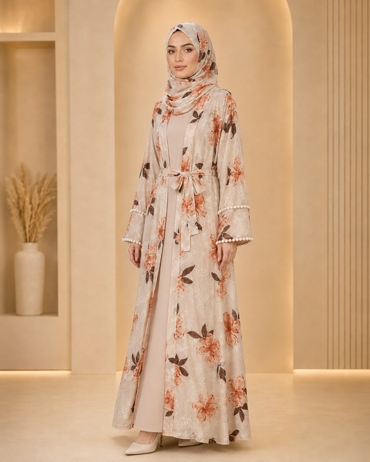 Peach Flowers Luxury Double Layer Abaya – Dubai Collection