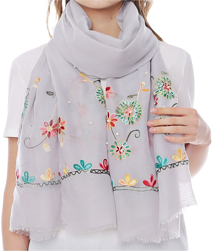 Gray Pearl Embroidered Hijab - Chaddors