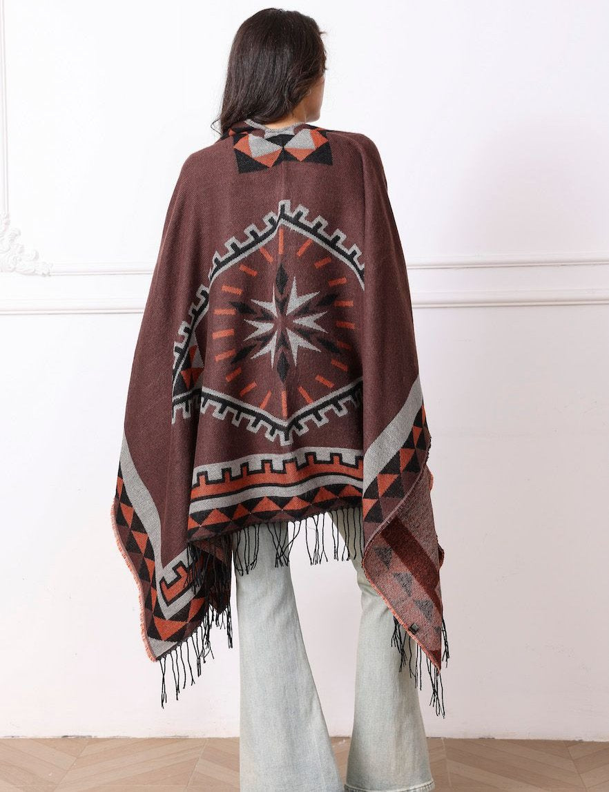 Aztec Brown Fringe Cape - Chaddors