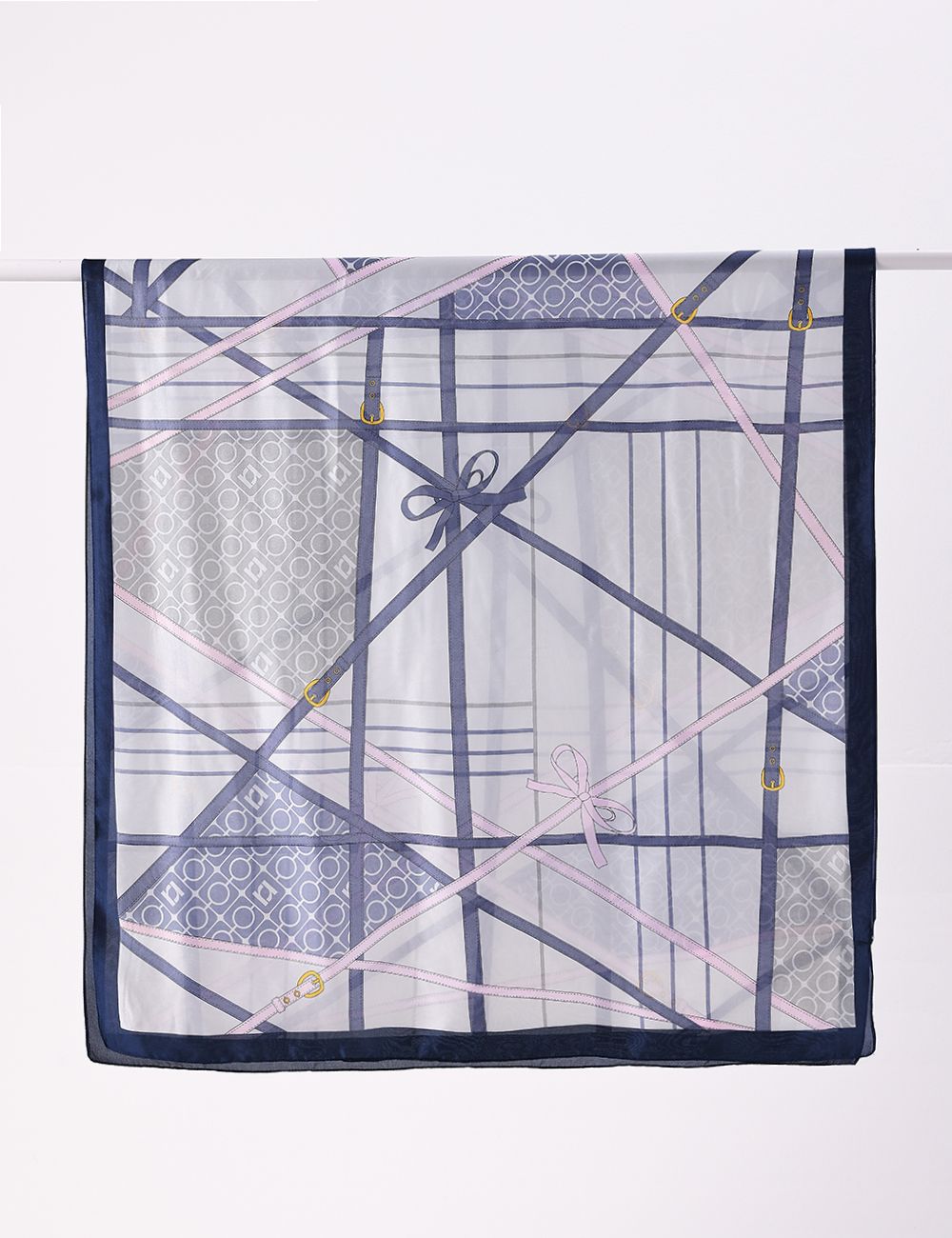Gray Ribbon-Acented Silk Scarf
