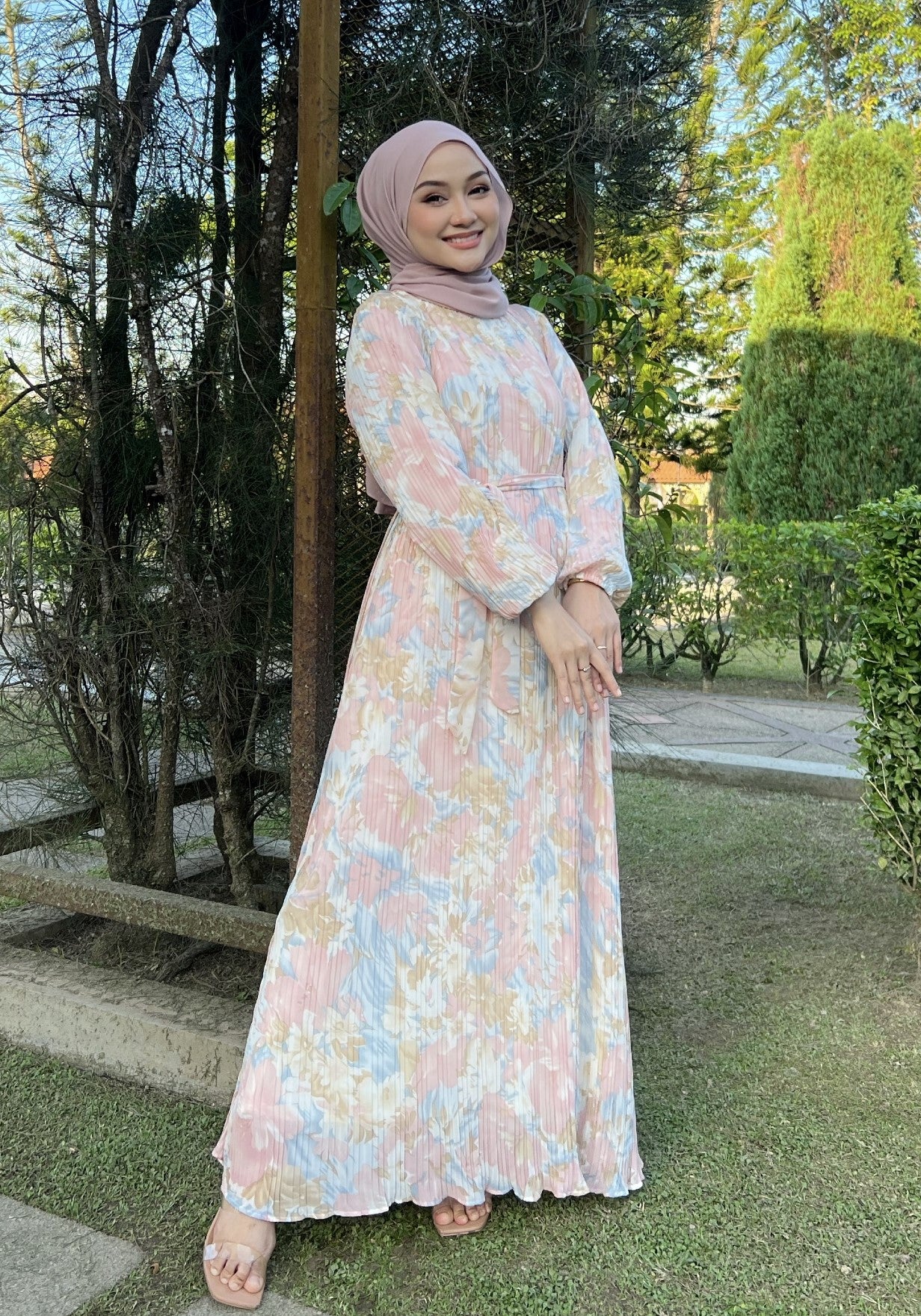 Peach Print Chiffon Dress