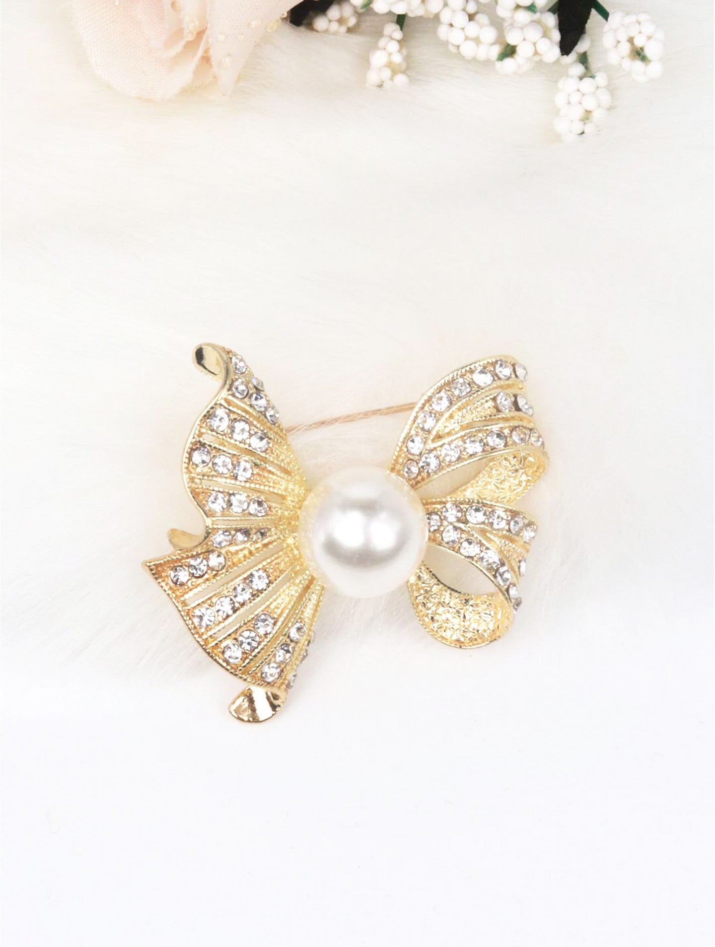 Pearl & Rhinestone Bow Hijab Brooch – Silver, Gold & Rose Gold - Chaddors