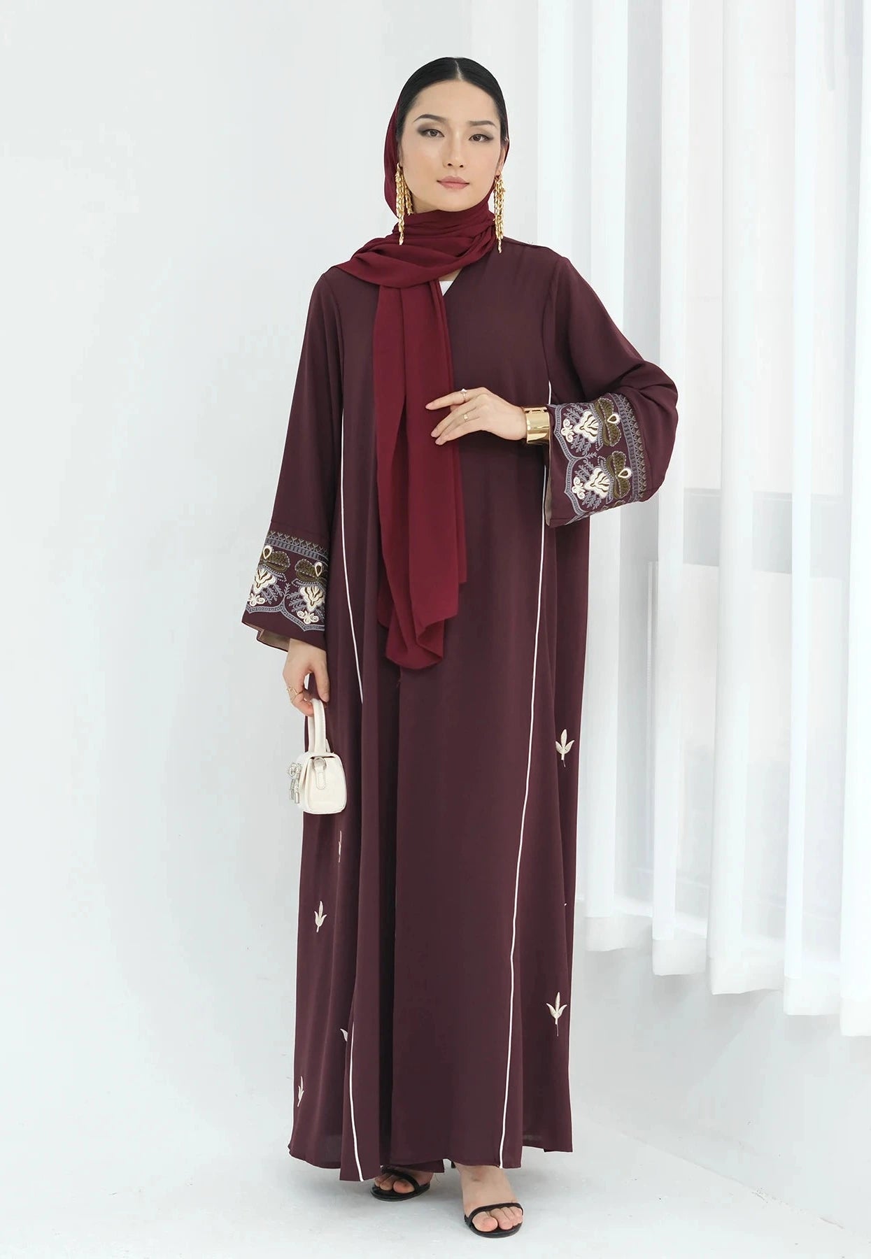 Maroon Embroidered Luxury Kimono Abaya