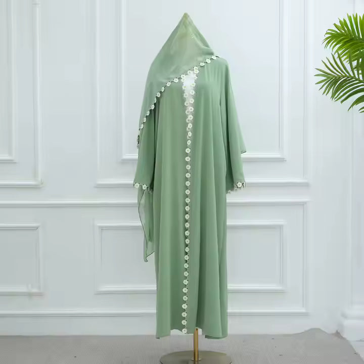 Mint Green Lace Trim Abaya