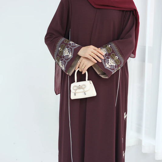Maroon Embroidered Luxury Kimono Abaya