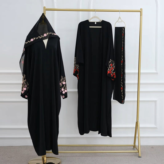 Kimono Abaya – Floral Embroidered Sleeves - Chaddors