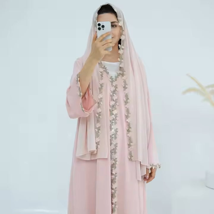 Blush Pink Lace Trim Abaya