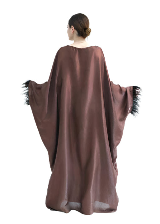 Coffee Feather Sleeves Shinny Butterfly Abaya - Chaddors