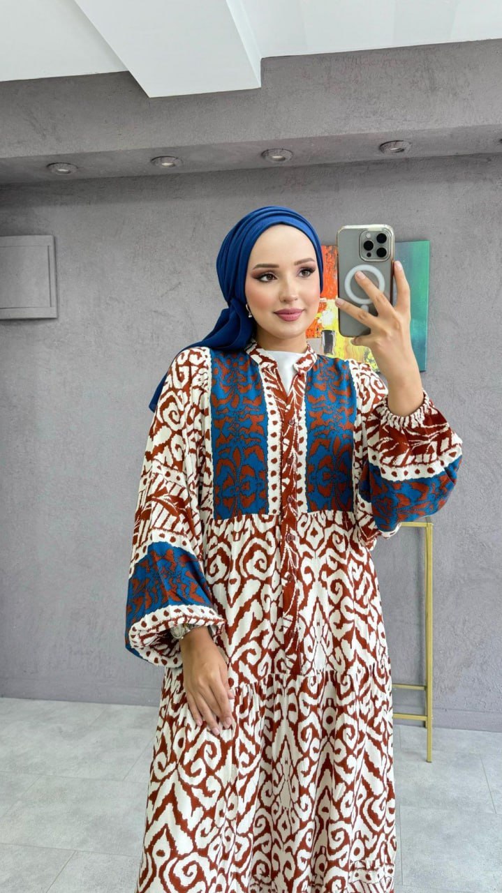 Blue and Brown Abstract Design Dress