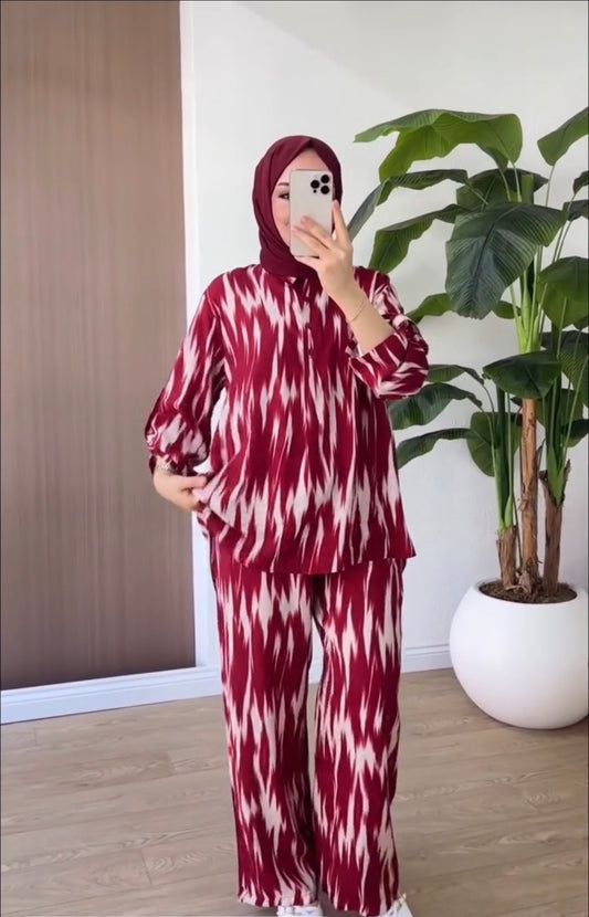 Maroon Abstract Print Two‑Piece Co‑ord Set - Chaddors