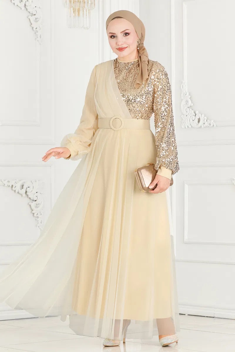 Off White Sequence Net Turkish Dress