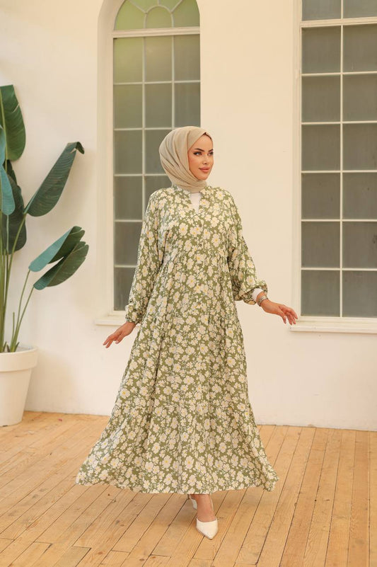Olive Green Floral Printed Dress - Chaddors