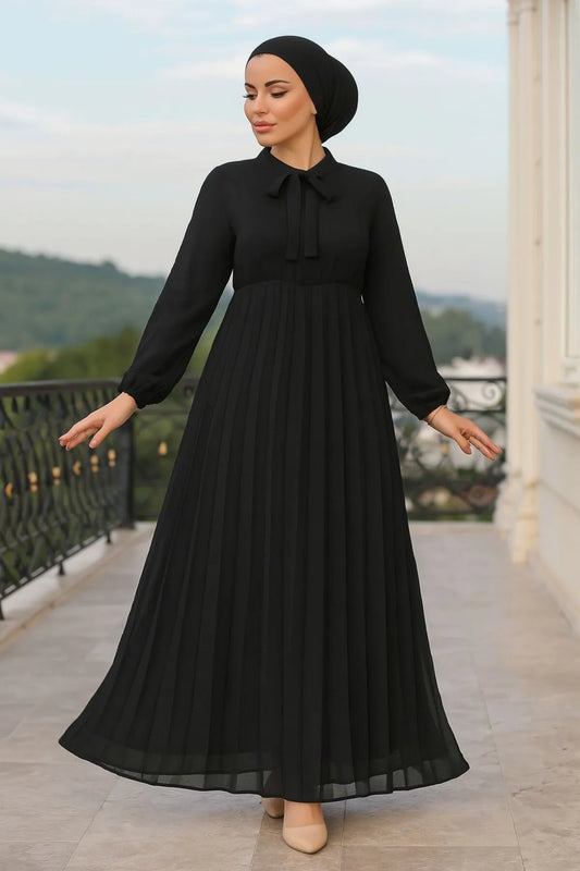 Black with Tie Collar Turkish Dress - Chaddors