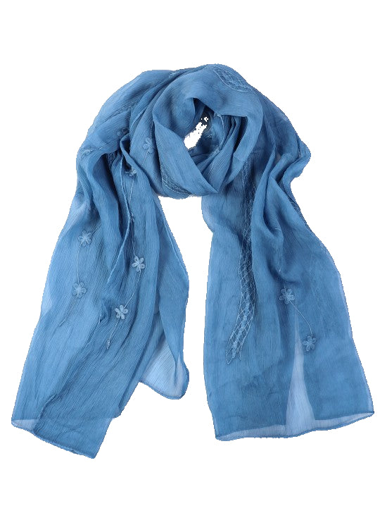 Blue scarf with floral embroidery on a white background