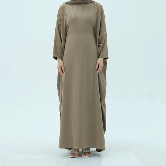 Golden Satin Rhinestone Batwing Abaya - Chaddors