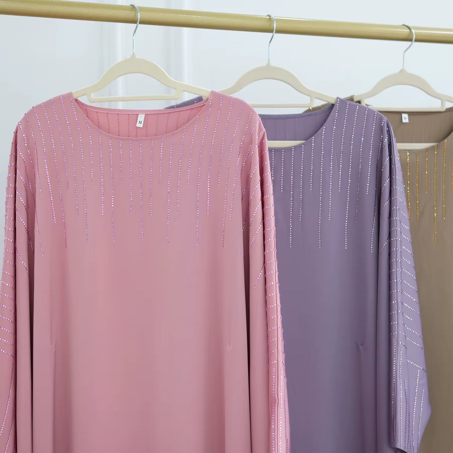 Pink Satin Rhinestone Batwing Abaya