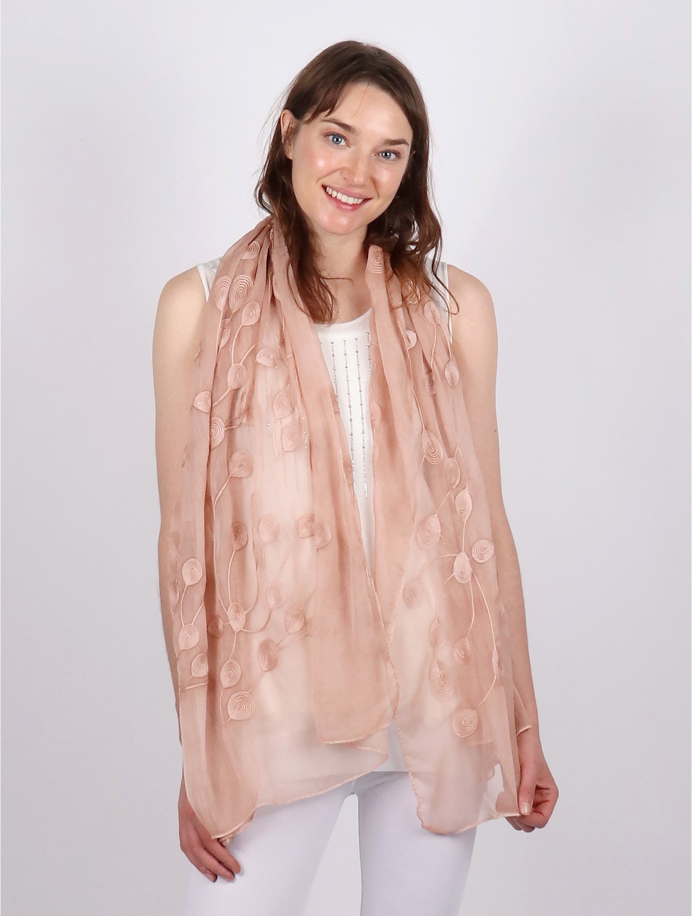 Peach Peacock Embroidered Viscose Hijab