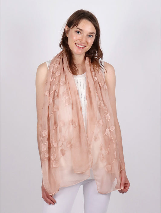 Peach Peacock Embroidered Viscose Hijab - Chaddors