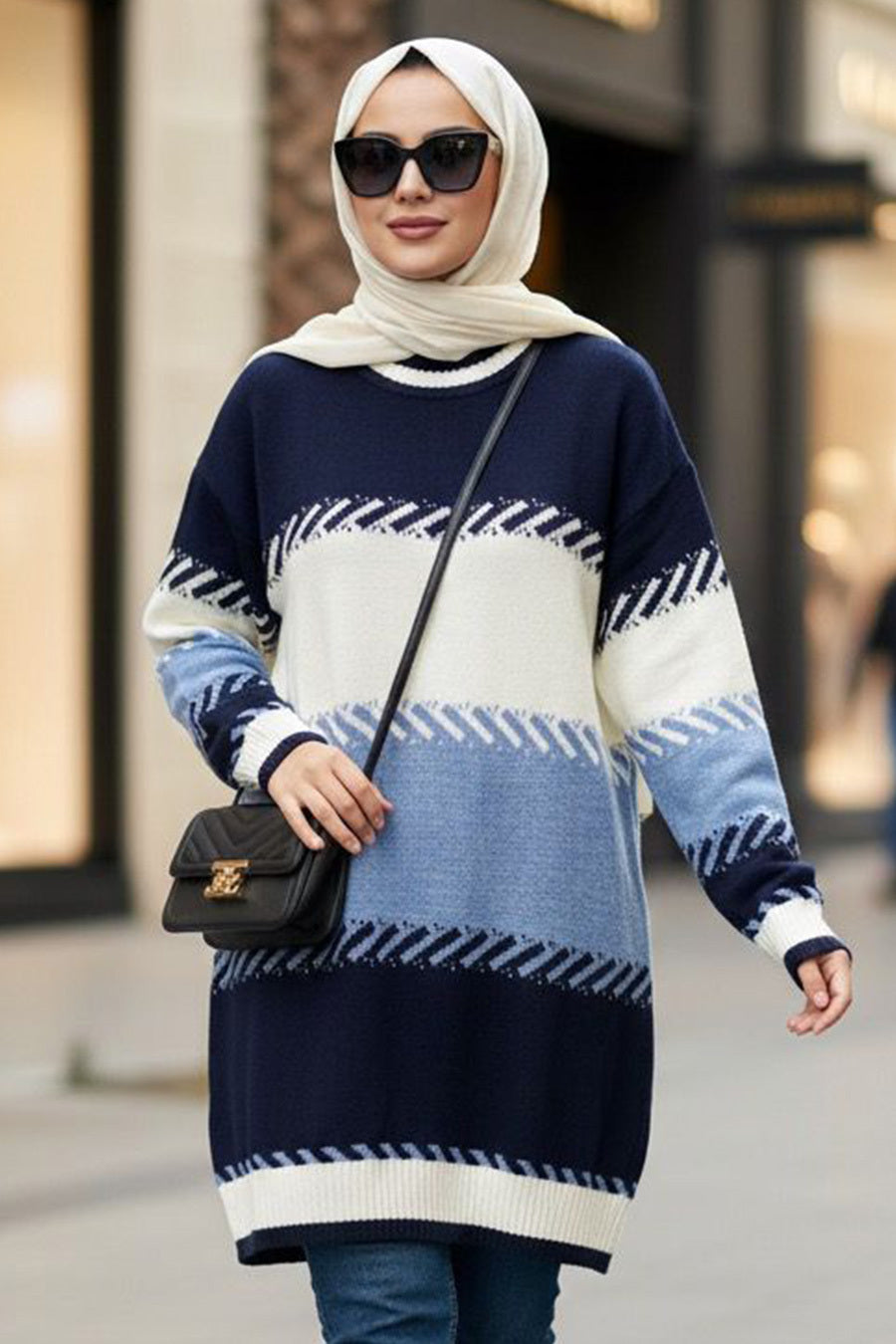 Blue Block Color Knit Sweater Tunic - Chaddors
