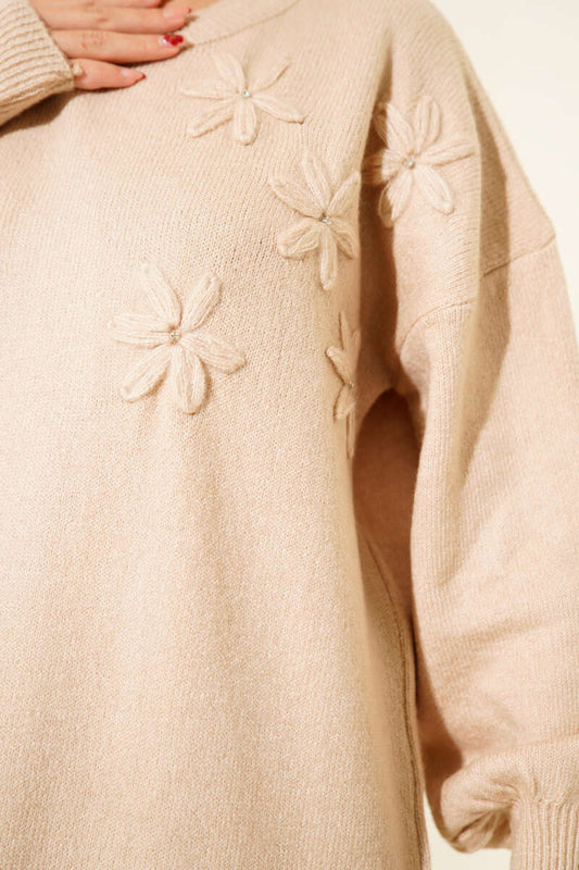Latte Floral Embroidered Soft Knit Tunic - Chaddors
