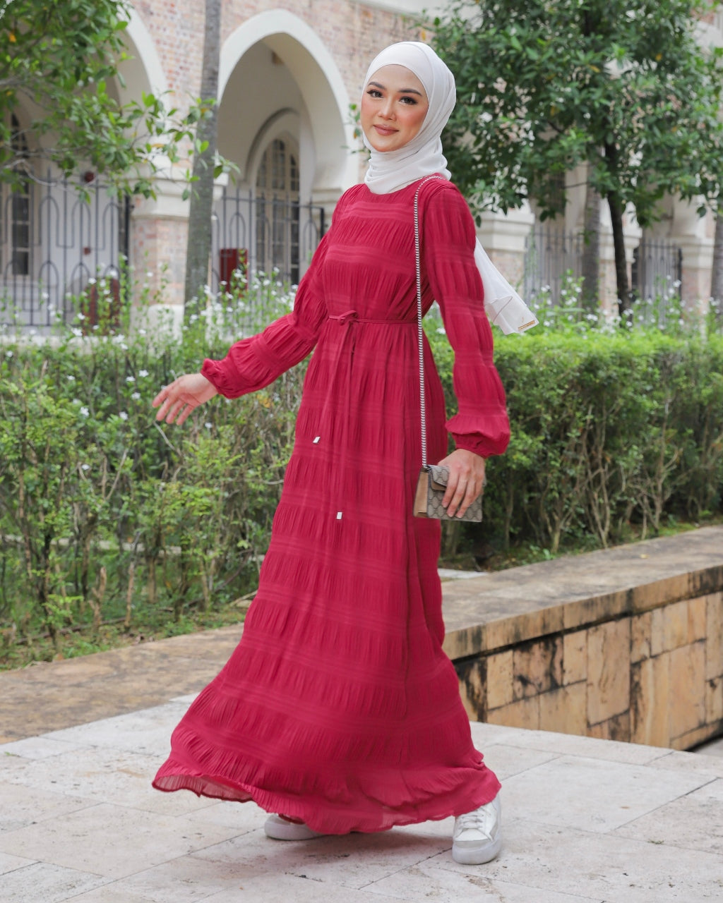 Crimson Crinkle Chiffon Dress