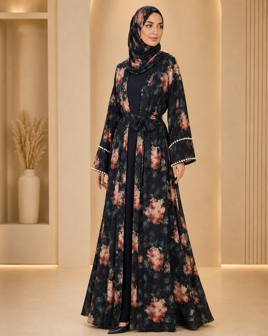 Navy Luxury Double Layer Print Abaya – Dubai Collection