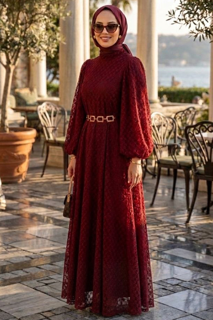 Burgundy Lace Evening Dress