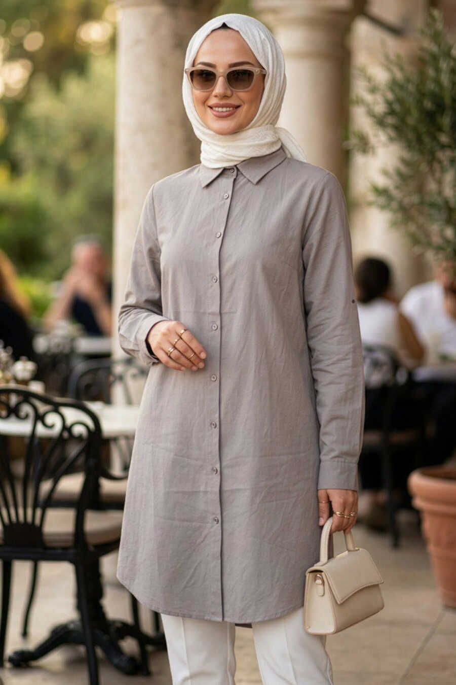Beige Classic Viscose Button-Down Tunic