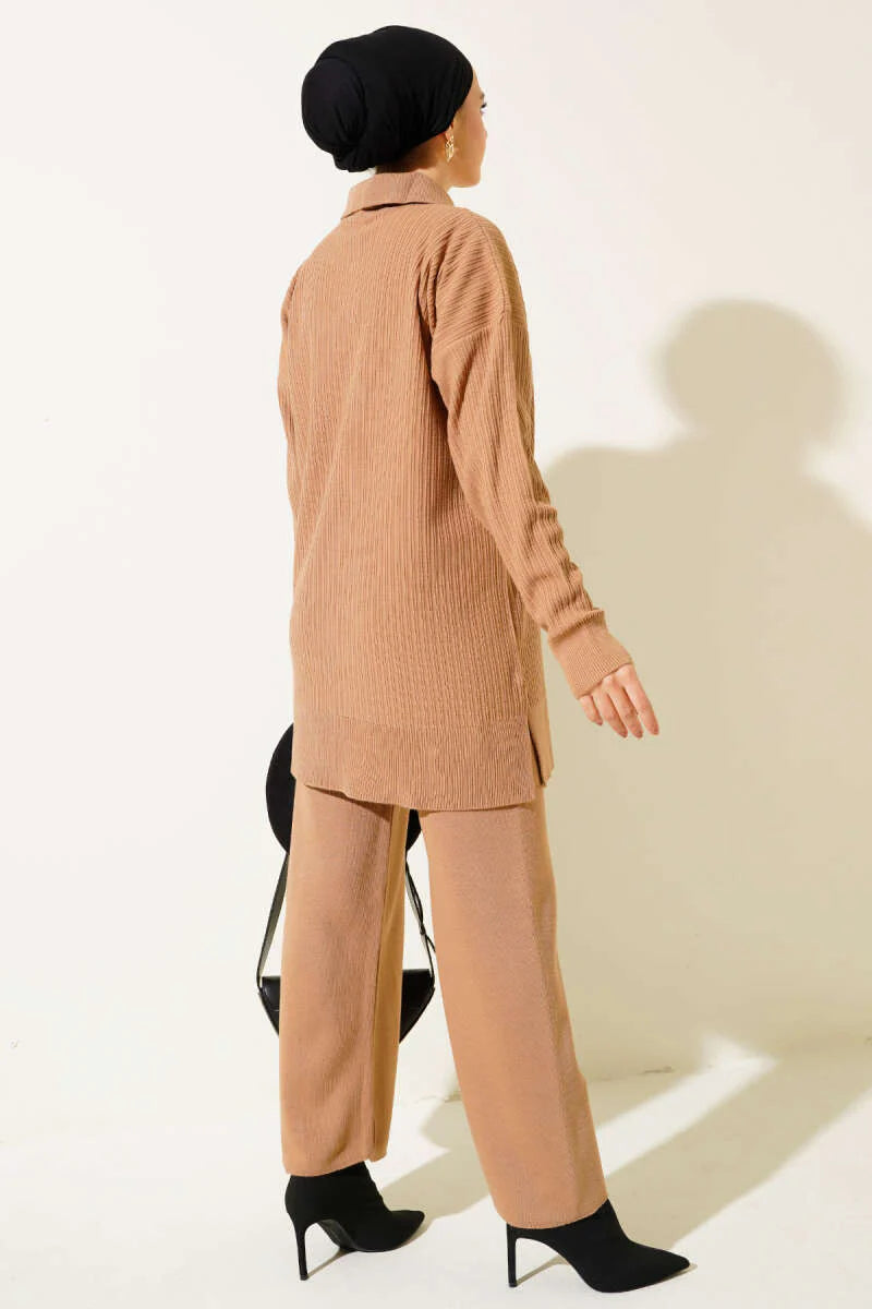 Latte Buttoned Corduroy Shirt Collar Knitted Co-ord - Chaddors