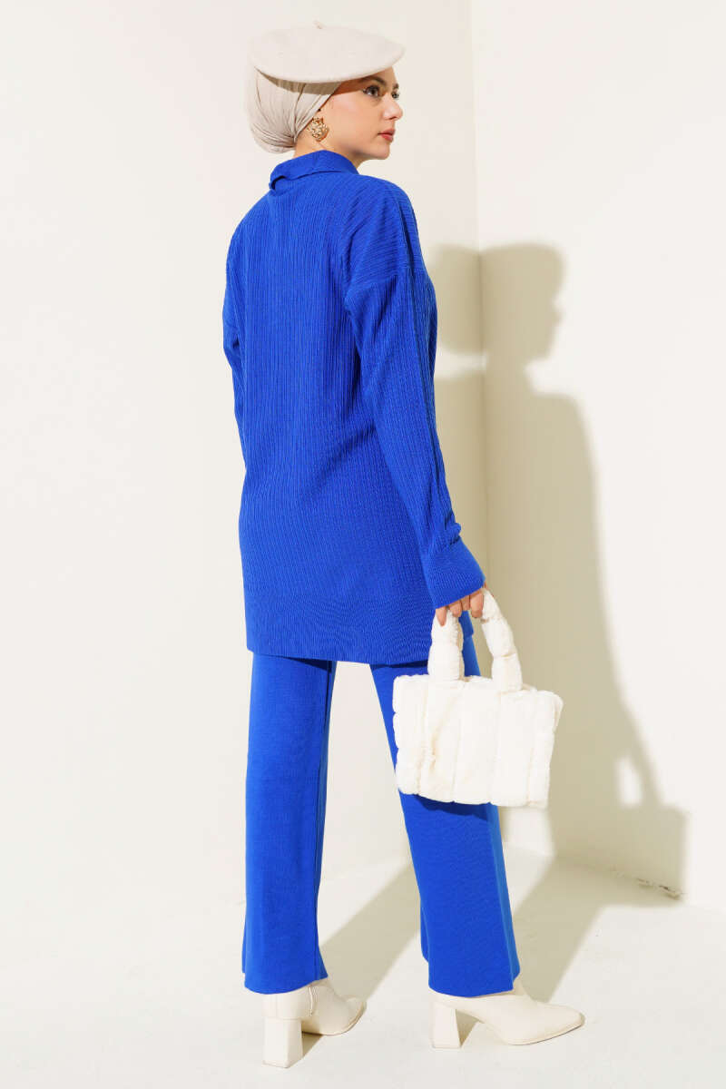 Blue Buttoned Corduroy Shirt Collar Knitted Co-ord - Chaddors