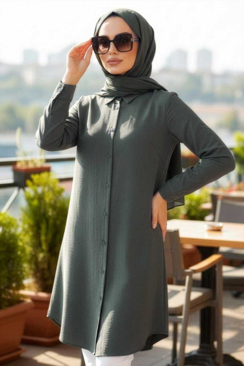 Army Green Classic Viscose Button-Down Tunic