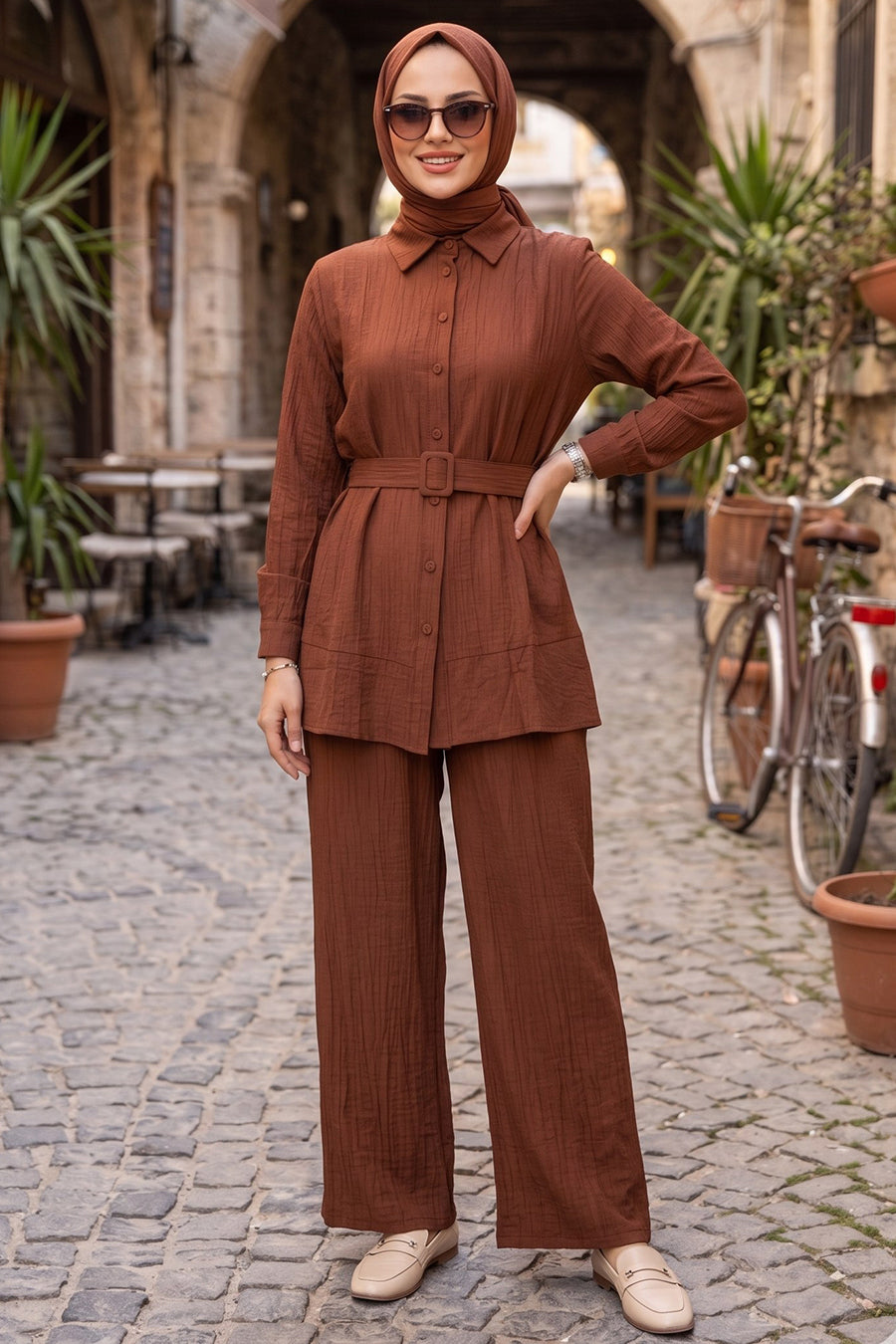 Brown Belted Tunic & Wide-Leg Pant Set