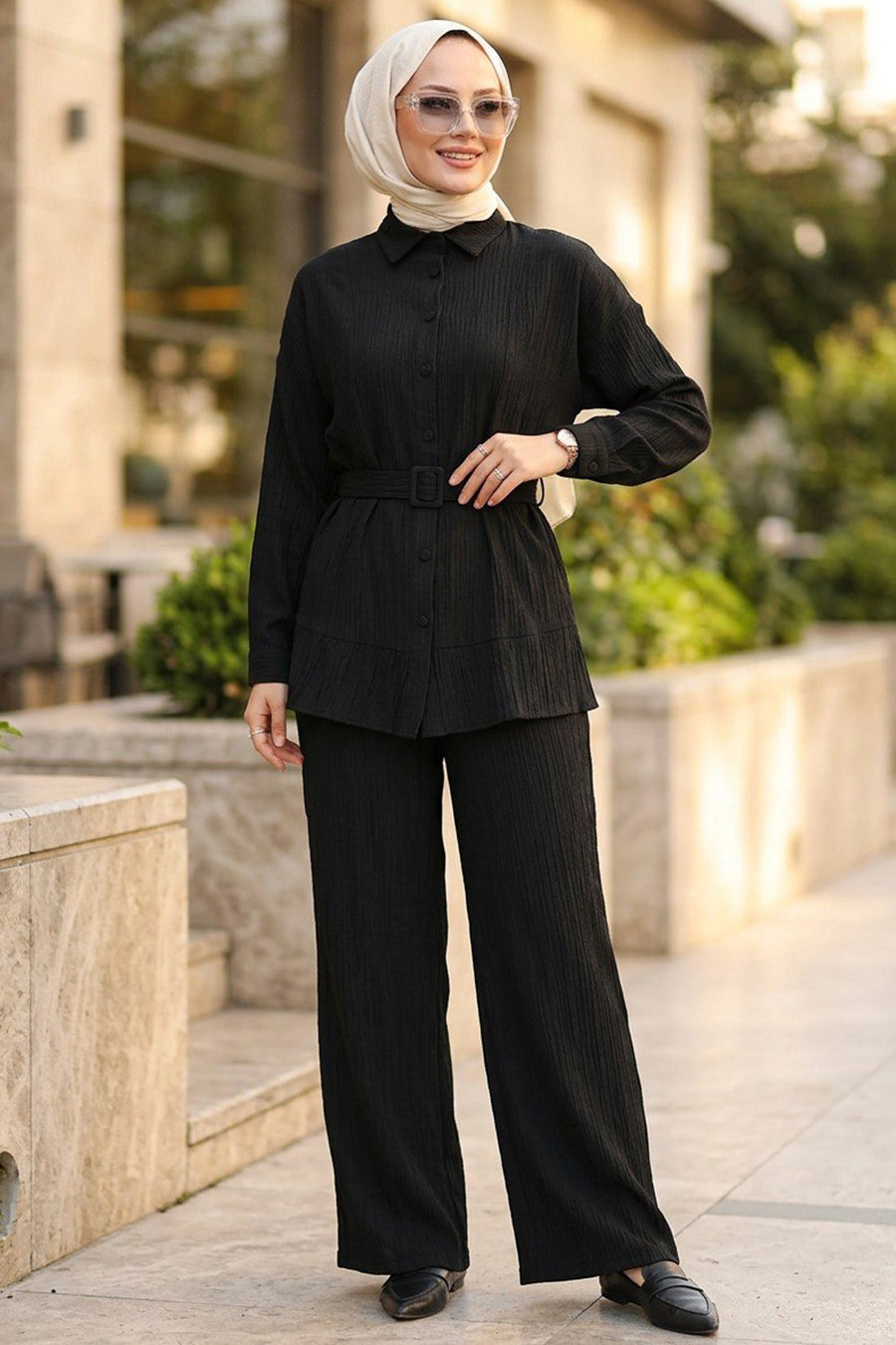 Black Belted Tunic & Wide-Leg Pant Set
