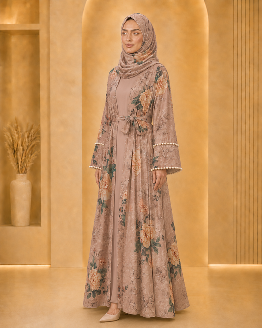 Creamy Peach Luxury Double Layer Print Abaya – Dubai Collection