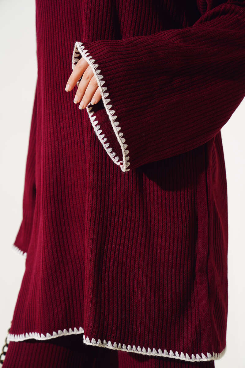 White Design Detail Maroon Knitted Co-ord - Chaddors
