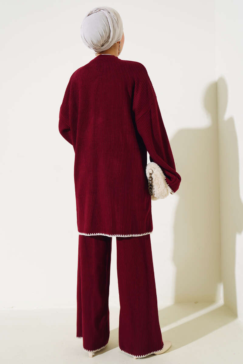 White Design Detail Maroon Knitted Co-ord - Chaddors