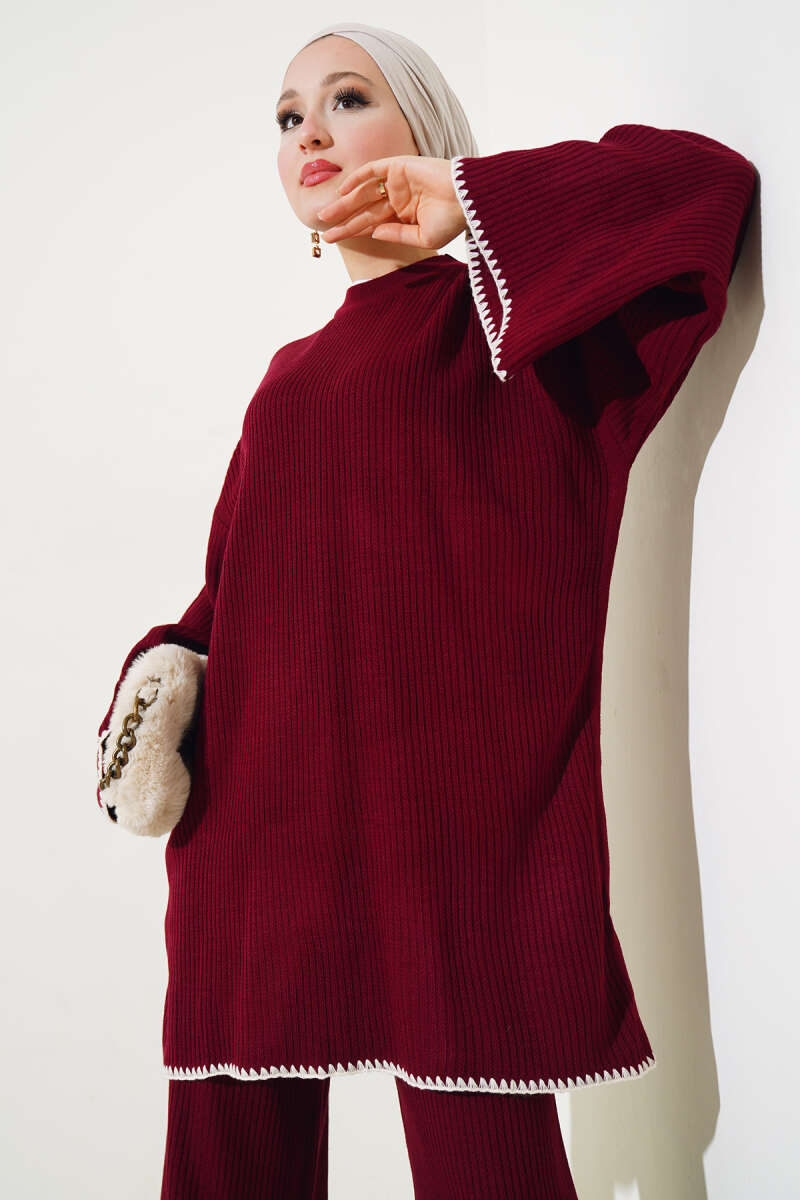 White Design Detail Maroon Knitted Co-ord - Chaddors