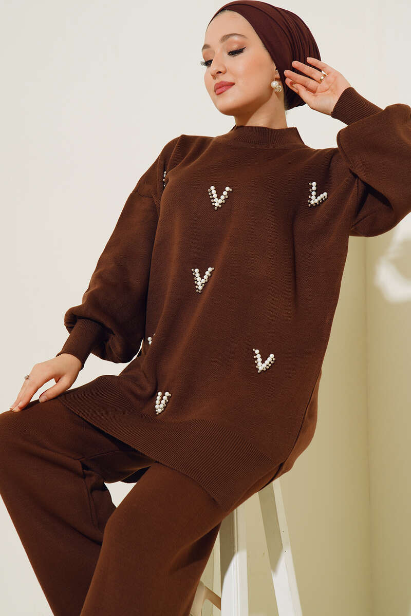 Brown Pearls Detail Knitted Co-ord