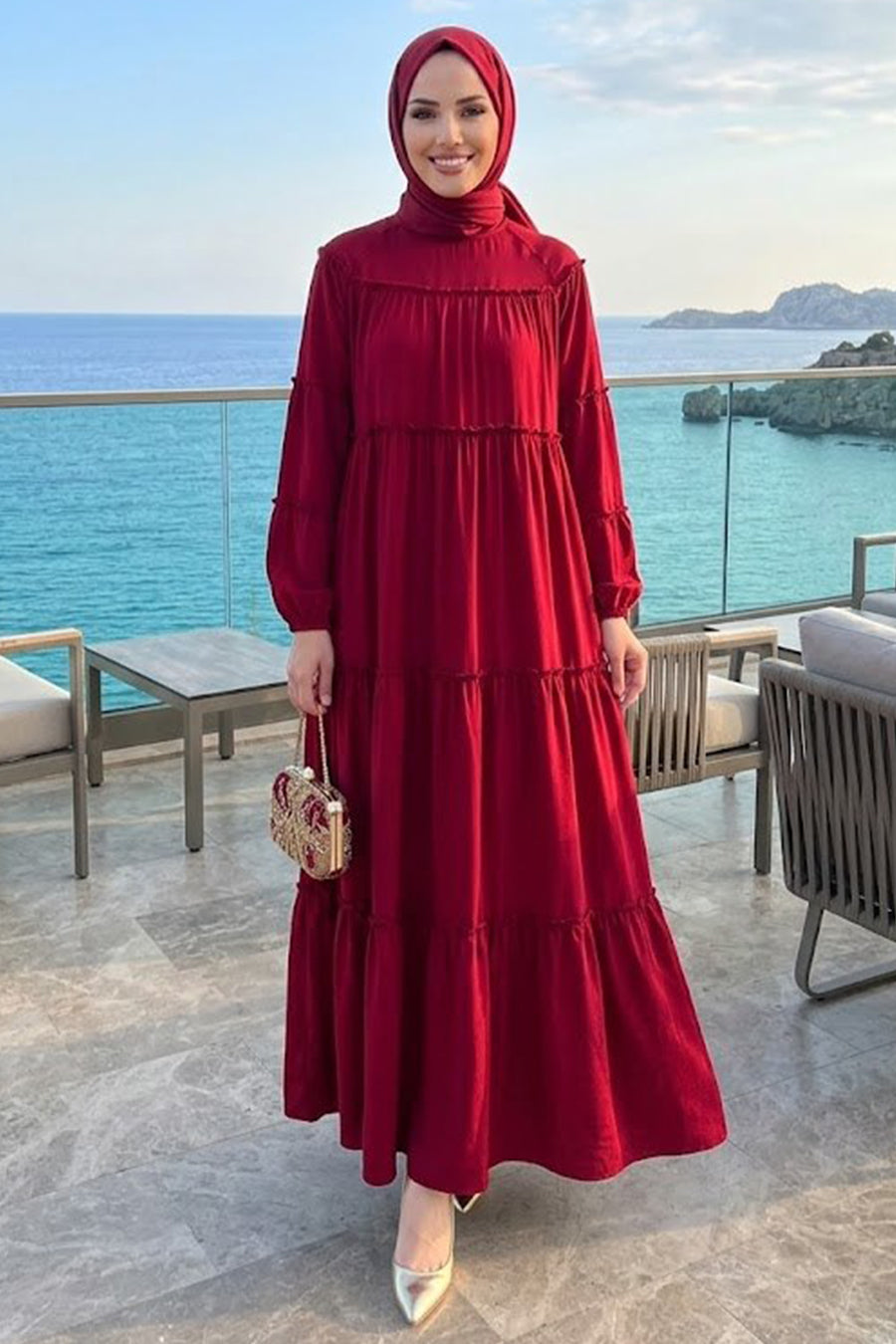 Crimson Tiered Chiffon Maxi Dress