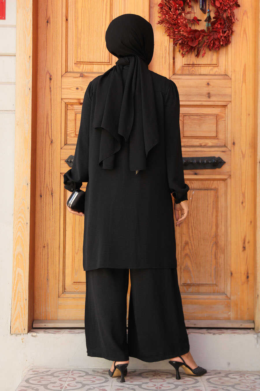 Black Polyester‑Cotton Tunic & Trousers Set