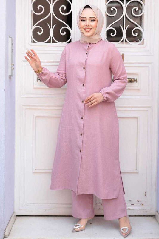 Dusty Rose Full-Length Buttoned Modest Dual Set - Chaddors