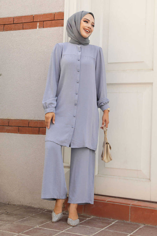 Gray Polyester‑Cotton Tunic & Trousers Set - Chaddors