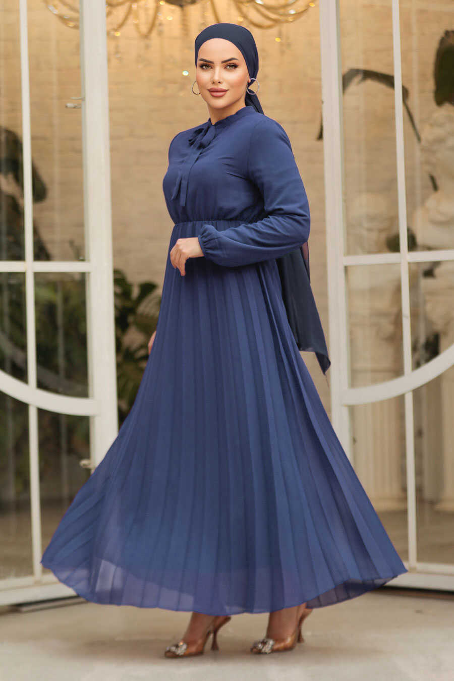 Navy with Tie Collar Turkish Dress