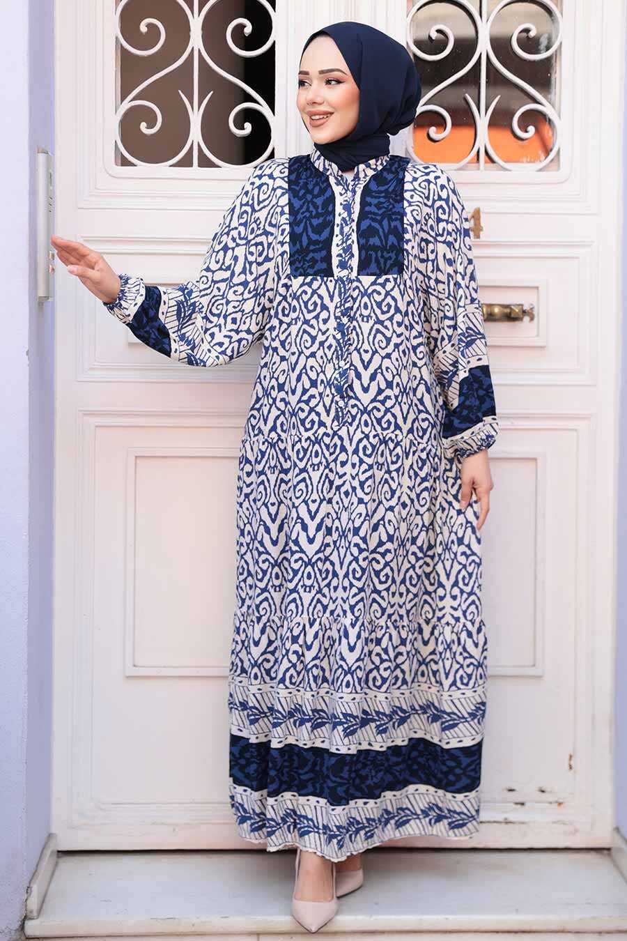Navy Blue Floral Dress - Chaddors