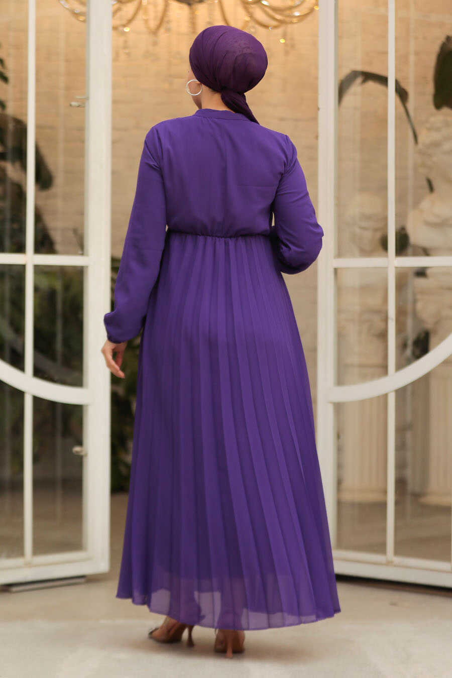 Purple with Tie Collar Turkish Dress