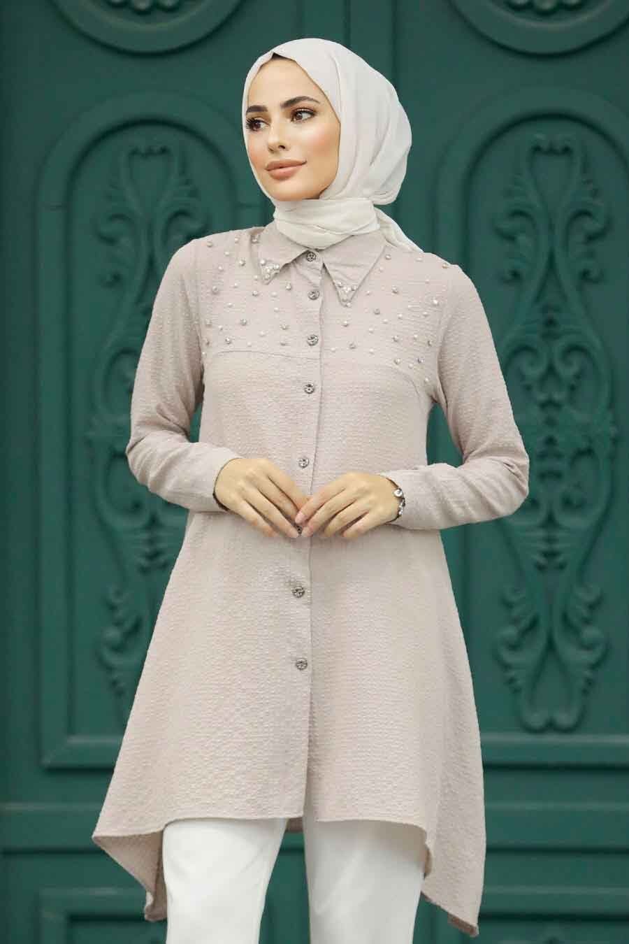 Pearl Detail Beige Turkish Top