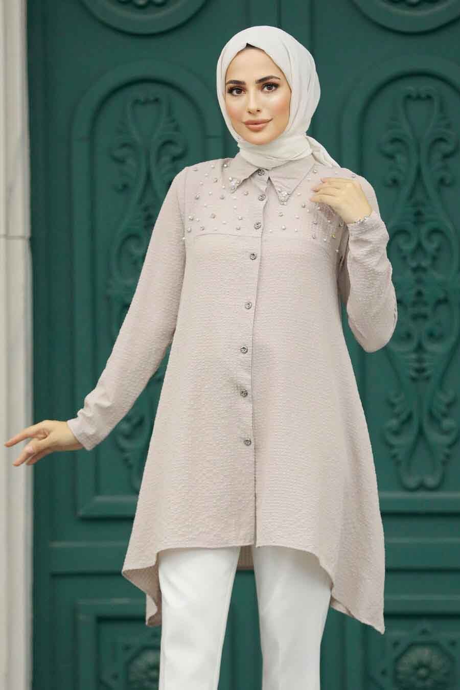 Pearl Detail Beige Turkish Top