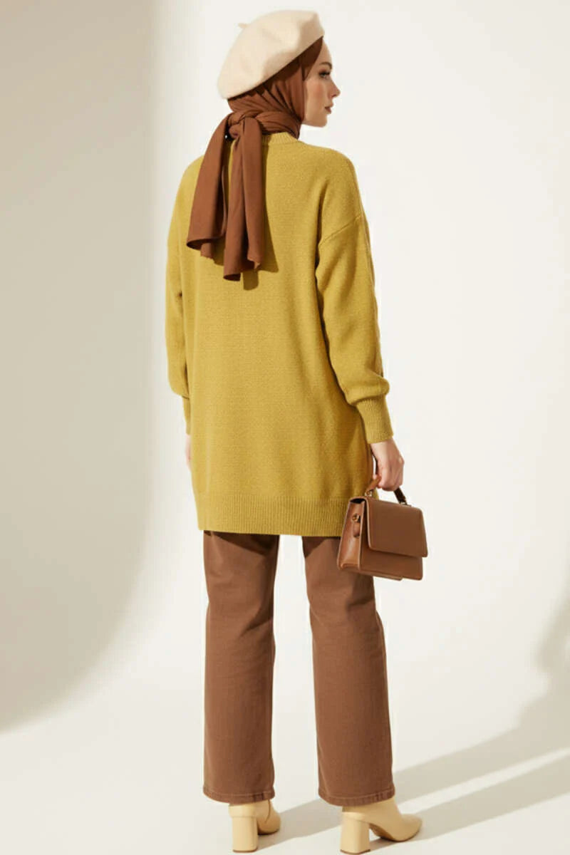 Oil Green Cable Design Embossed Soft Knit Tunic - Chaddors