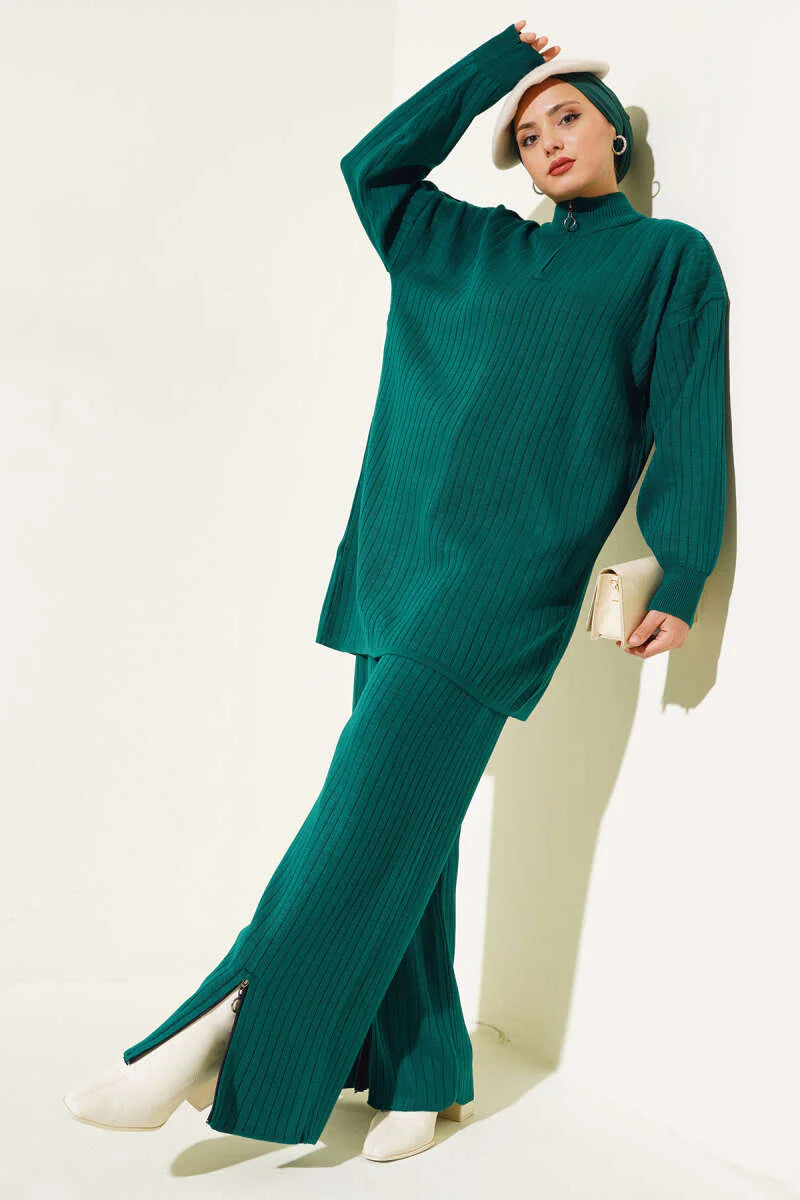 Green Zipper Design Detail Knitted Co-ord - Chaddors